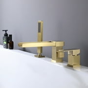 Deck Mount Bathtub Faucet with High-pressure Handheld Showerhead & Tub Spout Brushed Gold Brass Finish, Brushed, Gold Finish