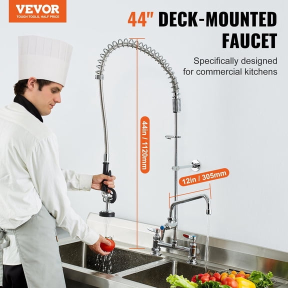 Deck Mount Commercial Pre-Rinse Faucet, 44-Inch Tall with 12-Inch Swing Spout and Pull-Down Spray, Ideal for 1, 2, or 3 Compartment Sinks