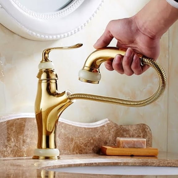 Deck Mount Kitchen Faucet Single Handle Single Hole Pull Out Mixer Taps Jade Gold Basin Faucet