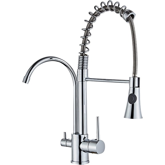 Deck Mount Spring Kitchen Faucet with Pull Down Sprayer, Water Purifier Three-in-One Pull-Out Kitchen Sink Faucet, Brass Single Handle Mixer Tap, Chrome