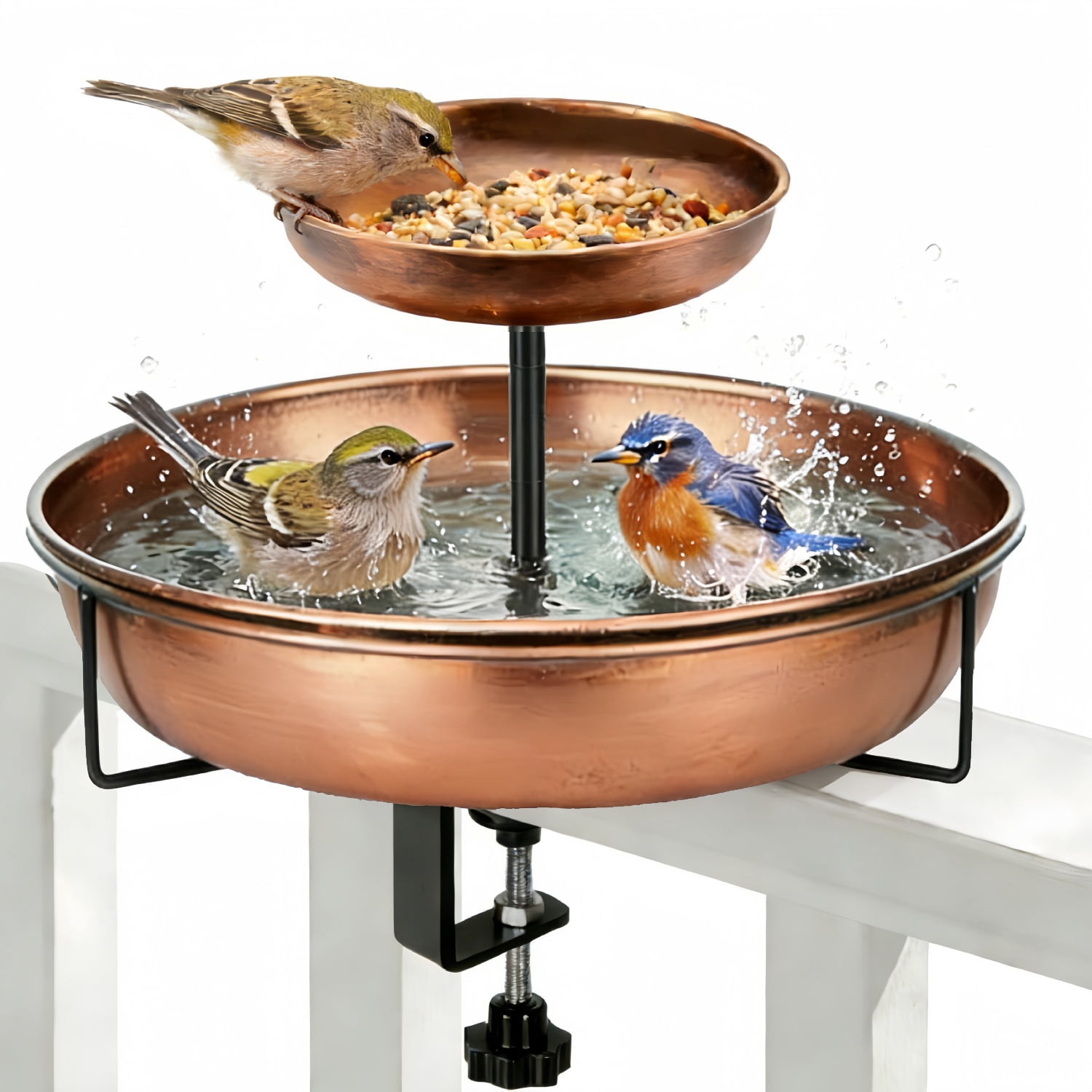 Deck Mounted Bird Bath with Bird Feeder, Adjustable Metal Clamp, Double-Tier Detachable Bird Bath for Deck Railing, Balcony & Fence, Rust-Resistant (Antique Bronze)