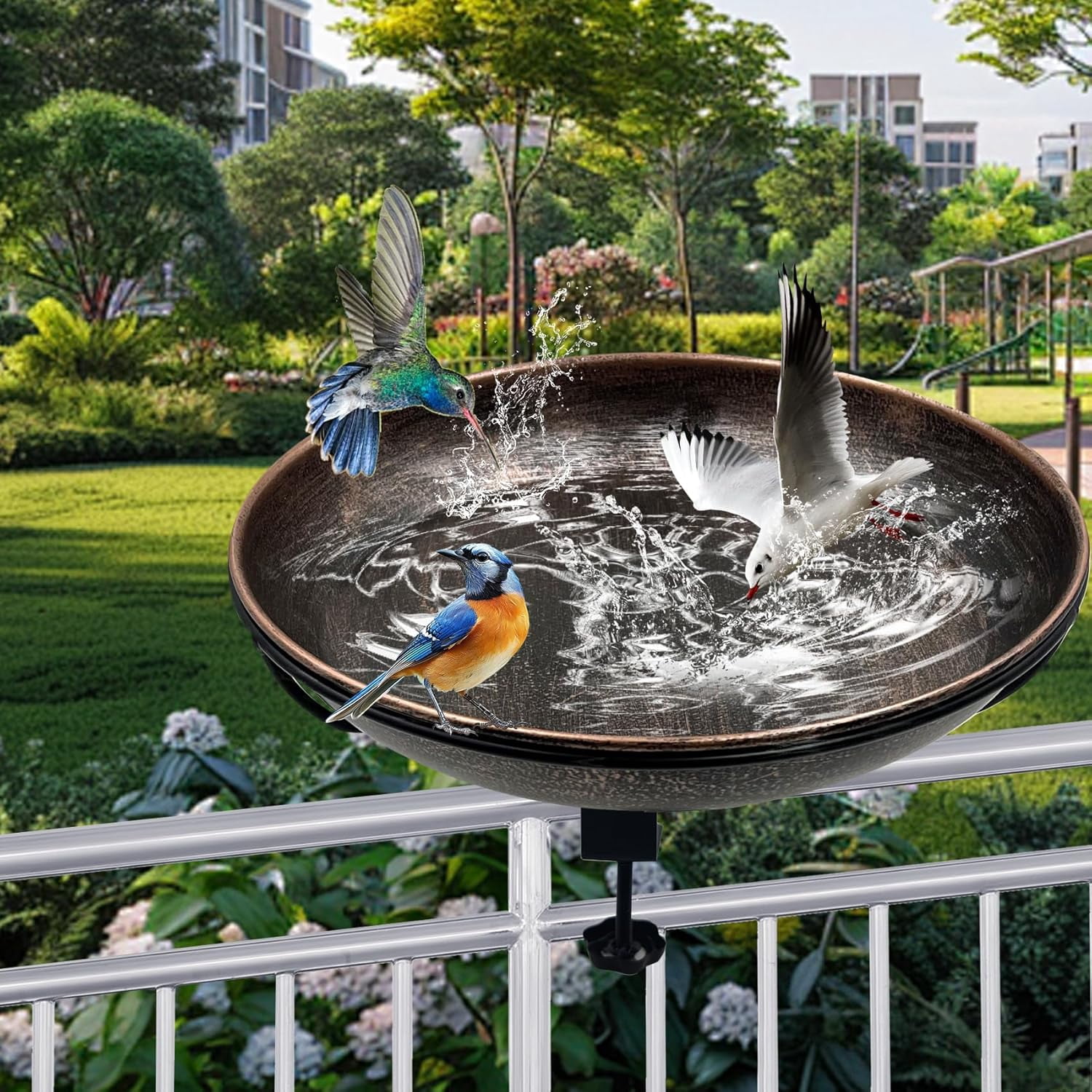 Bird Bath Railing Deck Mounted Bird Bath, Detachable Bath Bowl, Metal Birdbath for ...