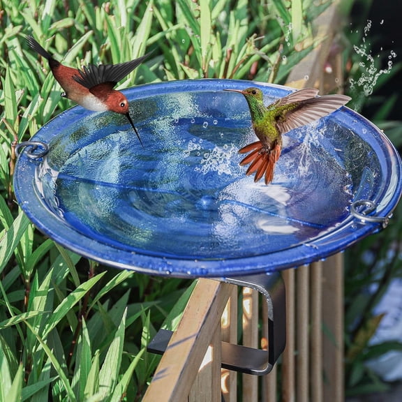 Deck Mounted Bird Bath, Glass Bird Baths Bowl Spa with Adjustable Sturdy Steel Clamp for Outdoor Garden Patio Lawn Yard Deck Railing Decoration, Blue