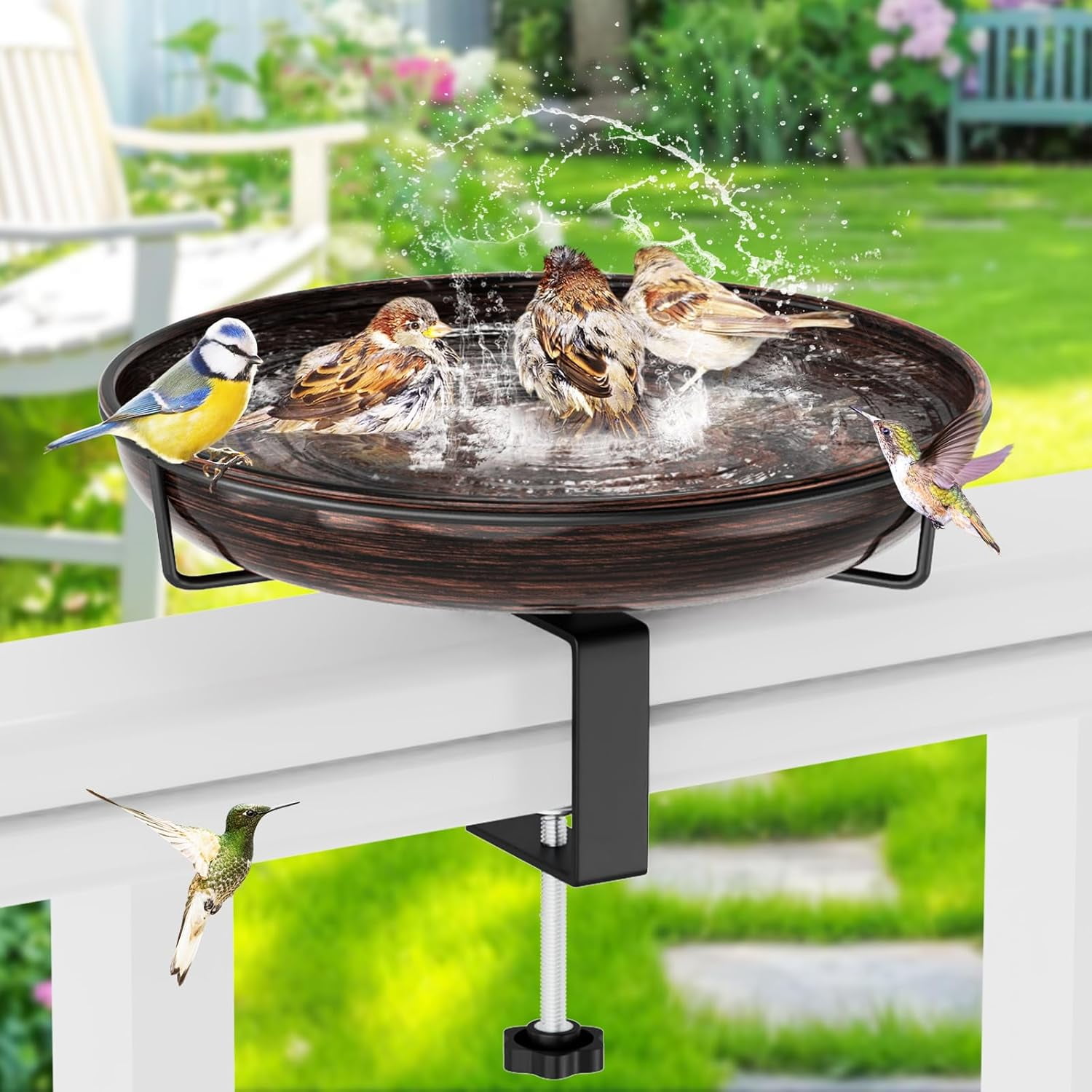 Deck Mounted Metal Bird Bath for Outside, Detachable Birdbath Bowl with Adjustable Steel Clamp, Outdoor Bird Feeder for Railing Balcony Fence Yard Art Garden Decor (Vintage Bronze)
