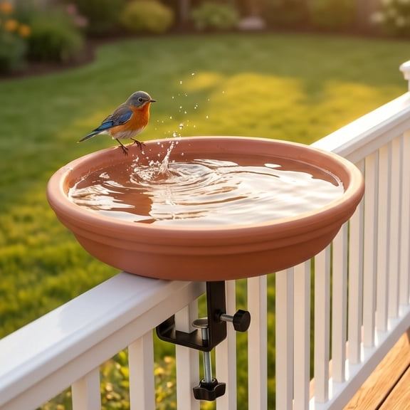 Bird Bath for Deck and Railing, Adjustable Metal Clamp fits up to 3.9 inch, 1.4 Gallon, Copper Finish for Patio, Garden, Yard
