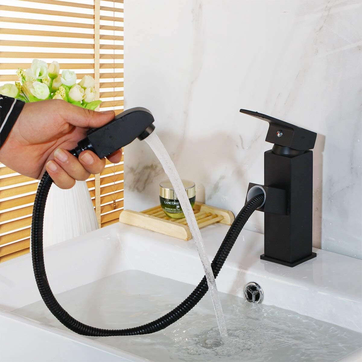 Deck Mounted Pull Out Bathroom Faucet Hot and Cold Water Mixer Crane