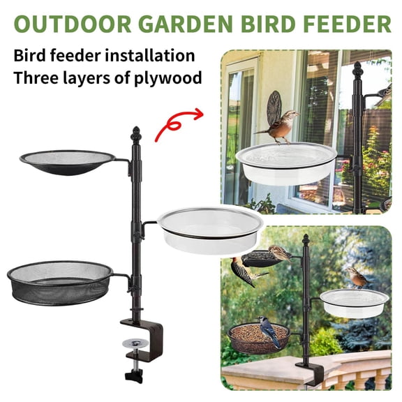 Deck Railing Bird Feeder with Clamp - Multi-Layer Mesh Trays & Bird Bath Bowl, Adjustable Metal Pole Outdoor Garden Feeder, Bird Feeder for Outdoors Hanging, Window Bird Feeder