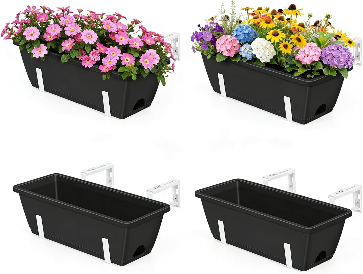 Deck Railing Planter Box 4 Pack Window Boxes Planters with Adjustable Brackets, 17 Inch Hanging Flower Pots for Plants for Front Porch, Garden Fence, Apartment Patio Balcony Decor