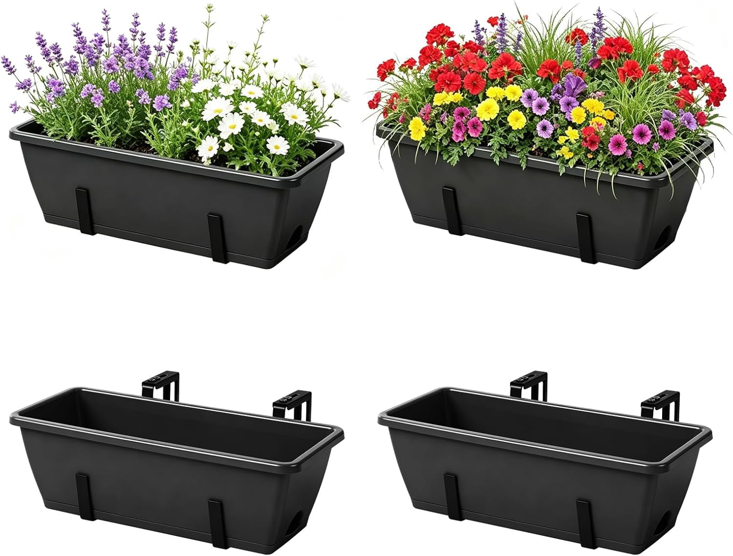 Deck Railing Planter Box 4 Pack Window Boxes Planters with Adjustable Brackets, 17 Inch Hanging Flower Pots for Plants for Front Porch, Garden Fence, Apartment Patio Balcony Decor