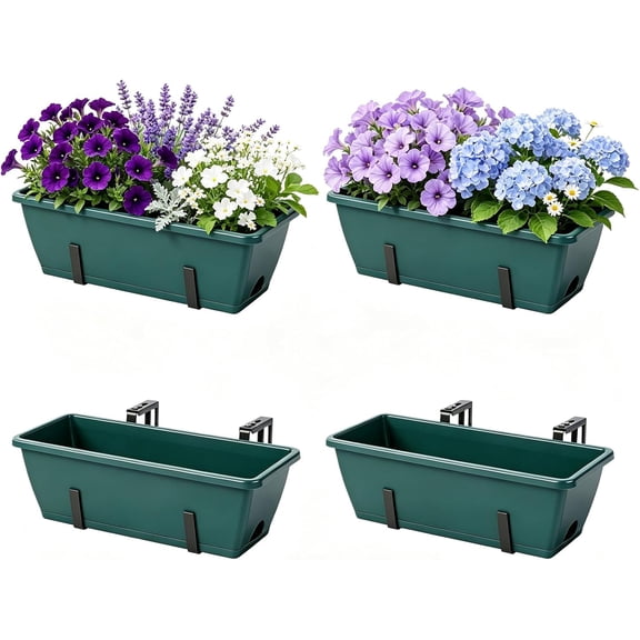 Deck Railing Planter Box 4 Pack Window Boxes Planters with Adjustable Brackets, 17 Inch Hanging Flower Pots for Plants for Front Porch, Garden Fence, Apartment Patio Balcony Decor