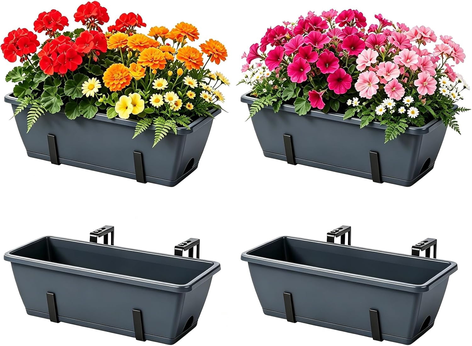 Deck Railing Planter Box 4 Pack Window Boxes Planters with Adjustable Brackets, 17 Inch Hanging Flower Pots for Plants for Front Porch, Garden Fence, Apartment Patio Balcony Decor