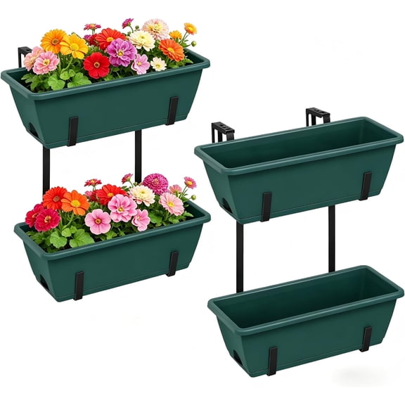 Deck Railing Planter Boxes 2 Tier Green Outdoor Hanging Planters Set of 2 with 4 Pack Flower Boxes 16.9 Inch Window Boxes Planters with Adjustable Brackets Balcony Planters for Garden Porch Patio