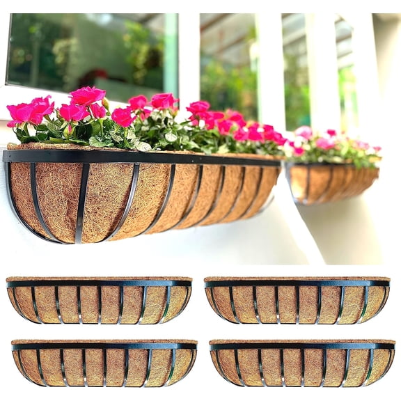 Deck Railing Planter Boxes - 30 Inch, 4 Pack Wall Planters for Outdoor Plants, Window Flower Boxes Deck Railings with Coco Liners Metal Horse Troughs Fence Balcony Patio Porch Over Rail