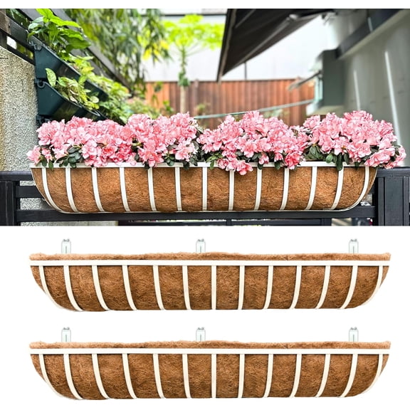 Deck Railing Planter Boxes ) Metal Rectangular Window Flower Box with Coco Liner Wall Hanging Planters for Outdoor Plants Rail Fence Balcony Patio Porch Garden