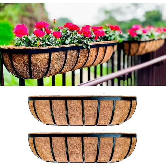 Deck Railing Planter Boxes for Plants (24 Inch, 2 Pack) Black Metal Wall Planters for Outdoor Plants, Window Flower Box Deck Railings with Coco Liner, Fence Balcony Patio Porch Over Rail