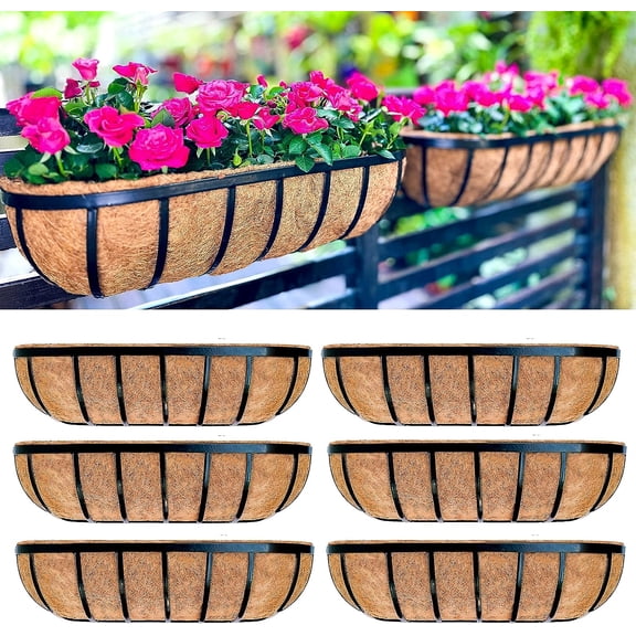 Deck Railing Planter Boxes for Plants (24 Inch, 6 Pack) Metal Wall Planters for Outdoor Plants, Black Window Flower Boxes Deck Railings with Coco Liner Fence Balcony Patio Porch Over Rail