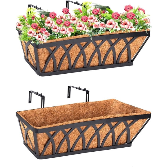 Deck Railing Planter Window Box - 2 Pack 24 Inch Deck Balcony Rail Planter with Coconut Coir Liner, Fence Metal Hanging Flower Planter Basket Deck Railing Planter Boxes for Outdoor Lawn