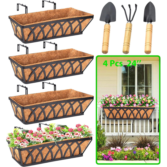 Deck Railing Planter Window Box - 2 Pack 30 Inch Deck Balcony Rail Planter with Coconut Coir Liner, Fence Metal Hanging Flower Planter Basket Deck Railing Planter Boxes for Outdoor Lawn
