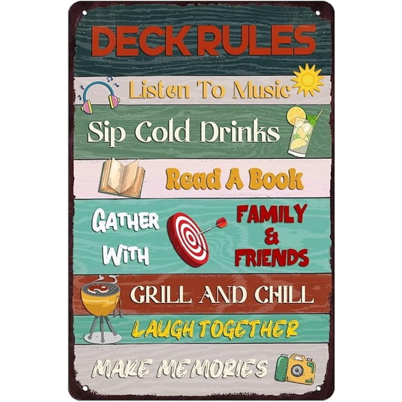 Deck Rules Metal Tin Sign Indoor/Outdoor Patio Decor Table Decorations Accessories Home Wall Art Sign for Deck Backyard Bar Welcome Signs 8x12 Inch