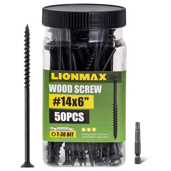 Deck Screws #14 x 6 Inch, 50 PCS, Black Long Wood Screw, Rust Resistant, Exterior Epoxy Coated for Outdoor Decking, Torx/Star Drive Head, T30 Star Bit Included