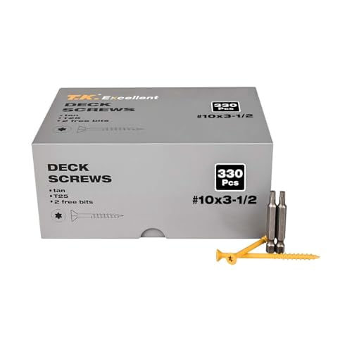Deck Screws 3-1/2 Inch Wood Screws #10 x 3-1/2, 330 Pcs, Rust Resistant Structural Fence Screws Torx Drive , Two T25 Bits, Brilliant Yellow Ruspert Coating Rust Proof$$Hardware