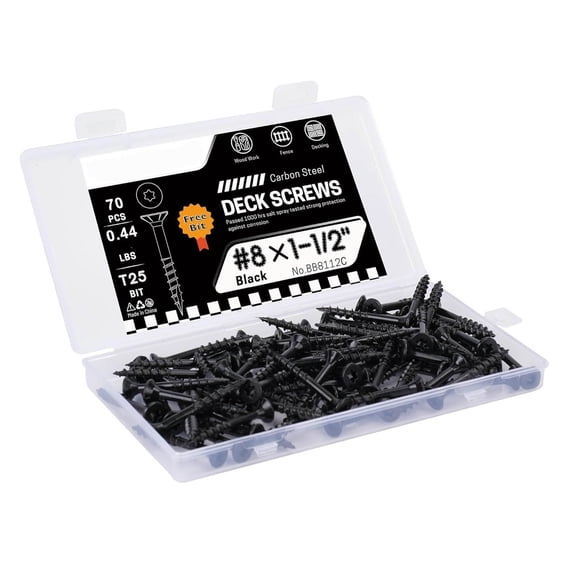 Deck Screws, Black, Rust-Resistant, Salt Spray Resistant, Epoxy Coated, T25 Torx Bit Included for Wood Fence, Decking & Outdoor