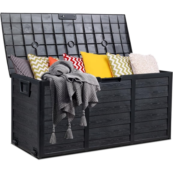Deck Storage Box, 75 Gallon Plastic Durable Storage Container Bin with Lid Store Patio Cushions and Yard Stools Outdoor Patio Garden Pool(Black)