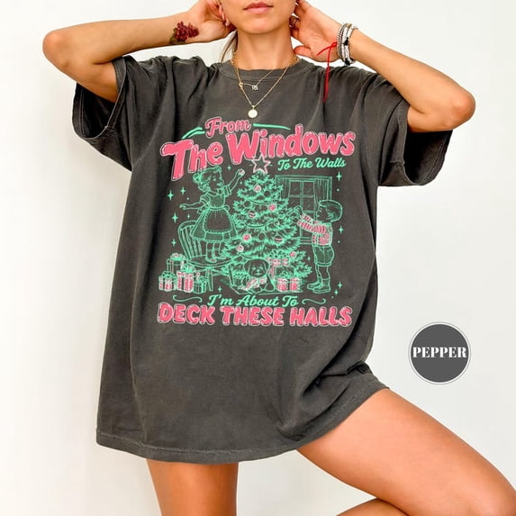 Retro Building Windows Deck These Halls Christmas T-Shirt, From The Windows To Walls Retro ...