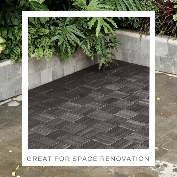 Deck Tiles, Patio Flooring - Outdoor Waterproof Acacia Wood Tiles for All Weather Use - Balcony, Backyard, Indoor & Outdoor (Black Crossed Pattern, 10 Pcs - 10 Square Ft)