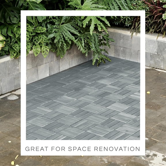 Deck Tiles, Patio Flooring - Outdoor Waterproof Acacia Wood Tiles for All Weather Use - Balcony, Backyard, Indoor & Outdoor (Grey Crossed Pattern, 10 Pcs - 10 Square Ft)