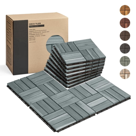 Deck Tiles, Patio Flooring - Outdoor Waterproof Acacia Wood Tiles for All Weather Use - Balcony, Backyard, Indoor & Outdoor (Grey Crossed Pattern, 10 Pcs - 10 Square Ft)