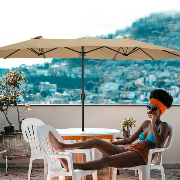 Deck Umbrella, 15Ft Foldable Outdoor Patio Table Market Twin Umbrella with Crank, Double-Sided Rectangular Rain Shelter for Patio, Aluminum Waterproof Sunscreen Beach Sun Shade Tent, Taupe, S8623