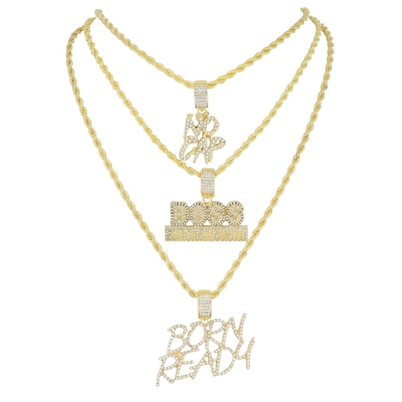 Deck Your Neck with This Iced Out Selection of Layered Hip Hop Word Pendents on Twisted Rope Chains. Elevate Your Look - Shout Out Your Vibe! - GJM Neck 288 GOLD