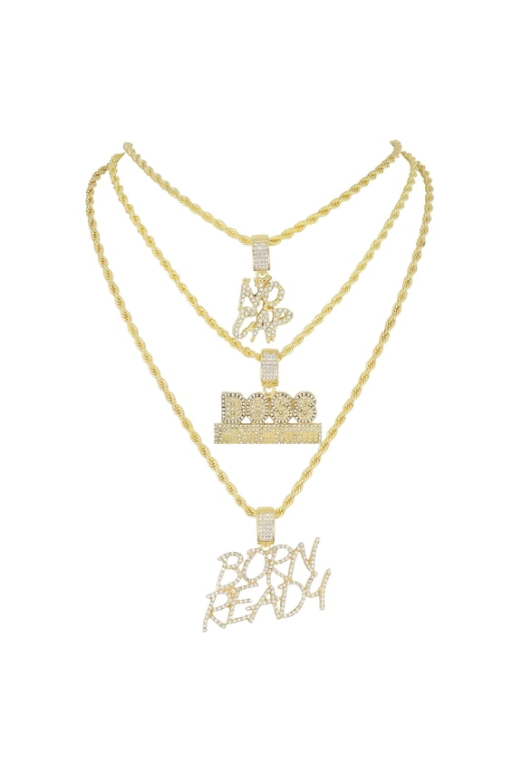 Deck Your Neck with This Iced Out Selection of Layered Hip Hop Word Pendents on Twisted Rope Chains. Elevate Your Look - Shout Out Your Vibe! - GJM Neck 288 GOLD