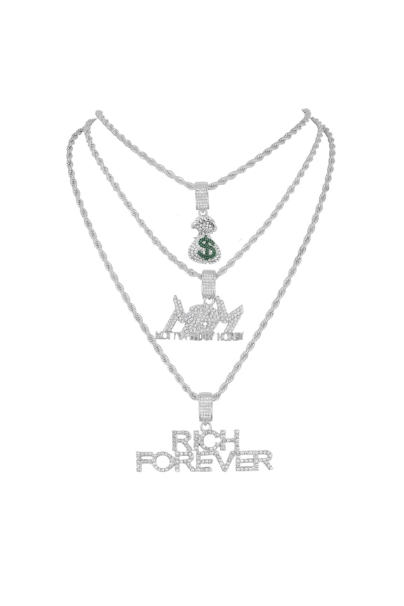 Deck Your Neck with This Iced Out Selection of Layered Hip Hop Word Pendents on Twisted Rope Chains. Elevate Your Look - Shout Out Your Vibe! - GJM Neck 289 SILVER