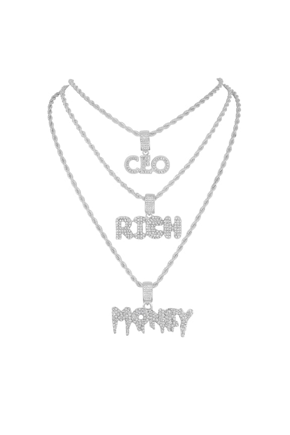 Deck Your Neck with This Iced Out Selection of Layered Hip Hop Word Pendents on Twisted Rope Chains. Elevate Your Look - Shout Out Your Vibe! - GJM Neck 290 SILVER