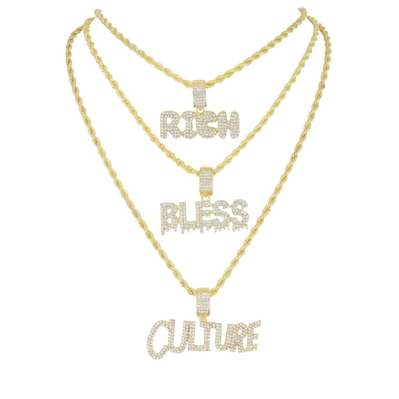 Deck Your Neck with This Iced Out Selection of Layered Hip Hop Word Pendents on Twisted Rope Chains. Elevate Your Look - Shout Out Your Vibe! - GJM Neck 292 GOLD