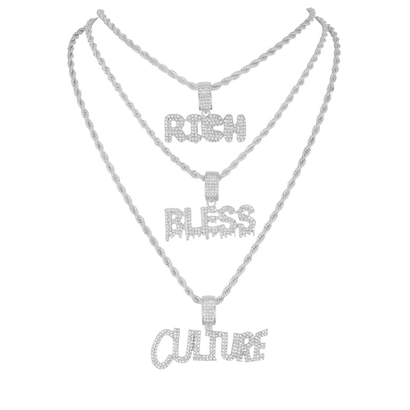 Deck Your Neck with This Iced Out Selection of Layered Hip Hop Word Pendents on Twisted Rope Chains. Elevate Your Look - Shout Out Your Vibe! - GJM Neck 292 SILVER