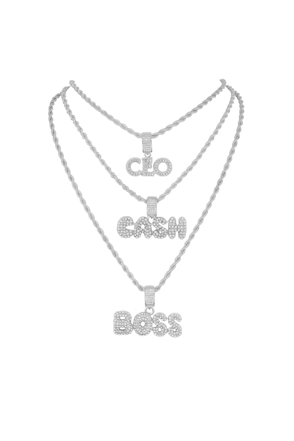 Deck Your Neck with This Iced Out Selection of Layered Hip Hop Word Pendents on Twisted Rope Chains. Elevate Your Look - Shout Out Your Vibe! - GJM Neck 297 SILVER