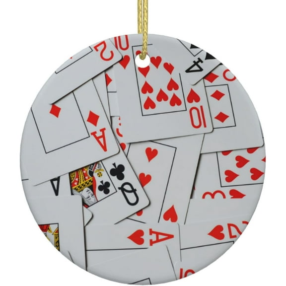 Deck of Scattered Playing Cards Christmas Tree Ornaments - Round Ceramic Decor, Holiday Hanging Decorations, Xmas Gifts