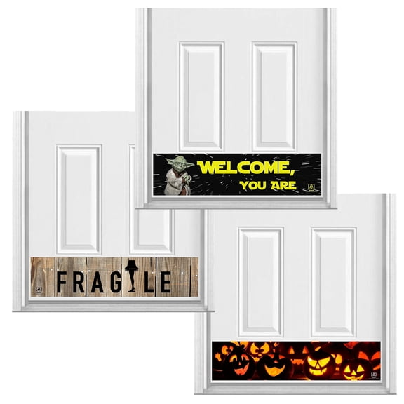Deck the Door Decor | Magnetic Kick Plates - Interchangeable 3 Pack - Holiday & Movie Theme - for Steel Doors - (6x30", Yoda/Jackolanterns/Fragile)