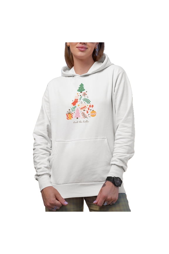 Deck the Halls, Hand Drawn Christmas Tree, Ball, Candy Cane, Present & Sock Art Merch Gift, White Hooded Sweatshirt or Hoodie, Medium