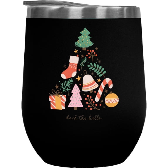 Deck the Halls, Hand Drawn Christmas Tree, Candy Cane, Present & Sock Art Merch Gift, Black 12oz Wine Tumbler