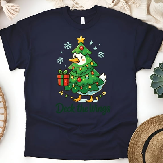 Deck the Wings Shirt | Funny Goose Tree Graphic Tee for Adults, Navy, Size S