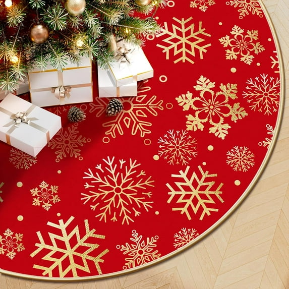 DeckTheHalls Christmas Tree Skirt 36 Inch, Snowflake Round Red Tree Skirt, Christmas Tree Skirts for Christmas Party and New Year Party, Xmas Tree Skirt Cover for 4-6ft Christmas Tree Decoration