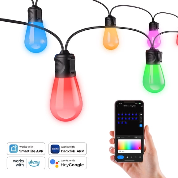 DeckTok 48ft Smart LED Dimmable Color Changing String Lights IP65 Waterproof Patio Garden Lights