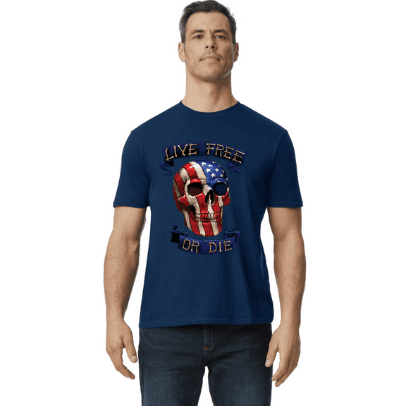 Decked Out Duds American Flag Live Free or Die Skull T-shirt Mens Cotton Tee Short Sleeve Blue