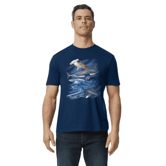 Decked Out Duds Ocean Shark T-shirt Mens Short Sleeve Blue