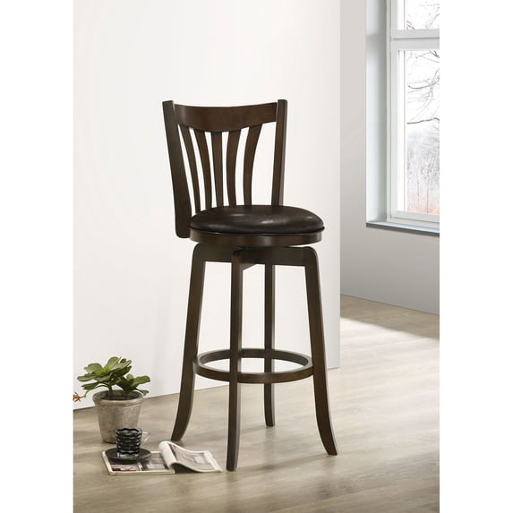Decker Dark Cherry Wood Swivel Bar Stool - 360° Rotation, Faux Leather Seat, Kitchen/Dining, 44" High, Solid Wood, Slat Back, Classic Design
