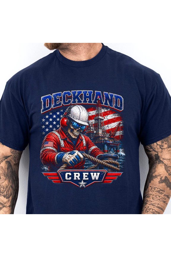 Deckhand Crew Shirt, Offshore Oil Rig Worker, Skull American Flag Tee